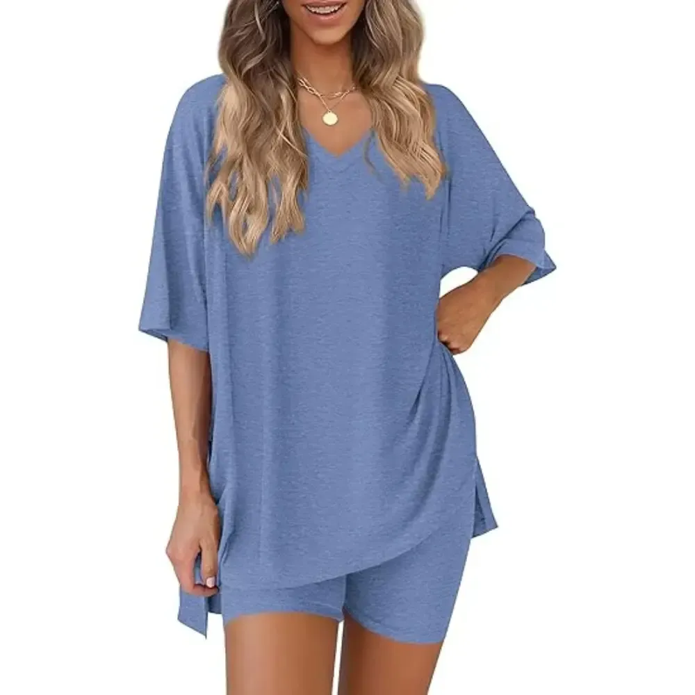 V Neck 2 Piece Sets for Women Summer Lounge Short Set Spring Matching Biker Shorts Oversized Shirt Clothing