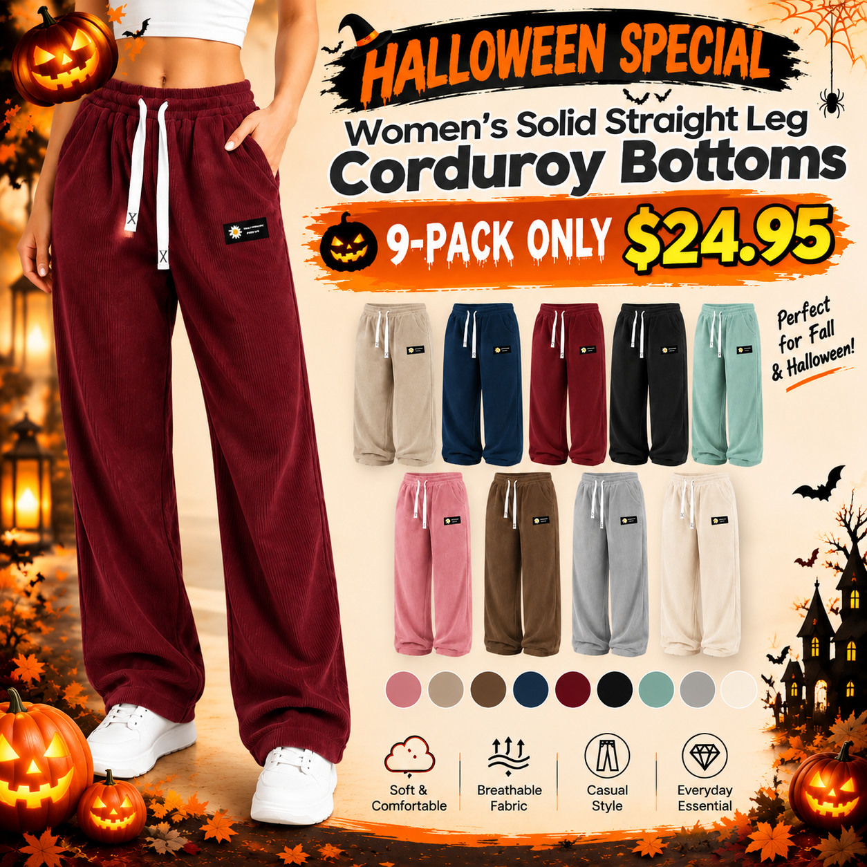 ✨Halloween SALE✨Women's Solid Straight Leg Corduroy Bottoms-100% Cotton