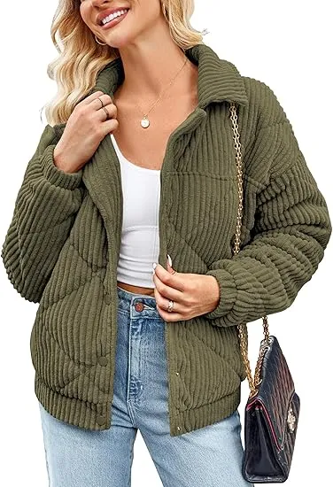 Women's Bomber Jacket Corduroy Ribbed Quilted Zip Up Long Sleeve Winter Coat Fall Outerwear Tops with Pockets ,PACKAGE SET