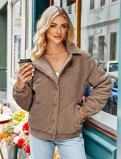 Women's Bomber Jacket Corduroy Ribbed Quilted Zip Up Long Sleeve Winter Coat Fall Outerwear Tops with Pockets ,PACKAGE SET