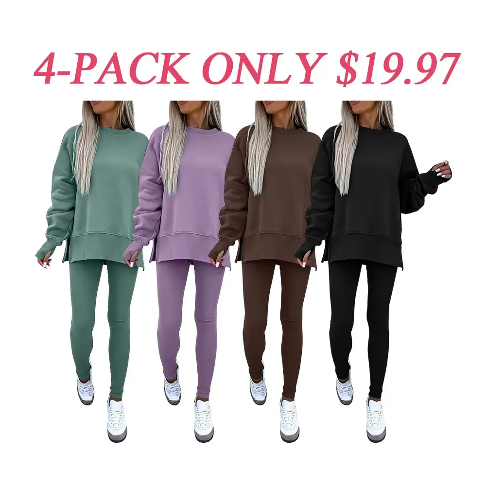 🔥6 PACKS $24🔥-Women's Drop-Shoulder Split Hem Sweatsuit Set