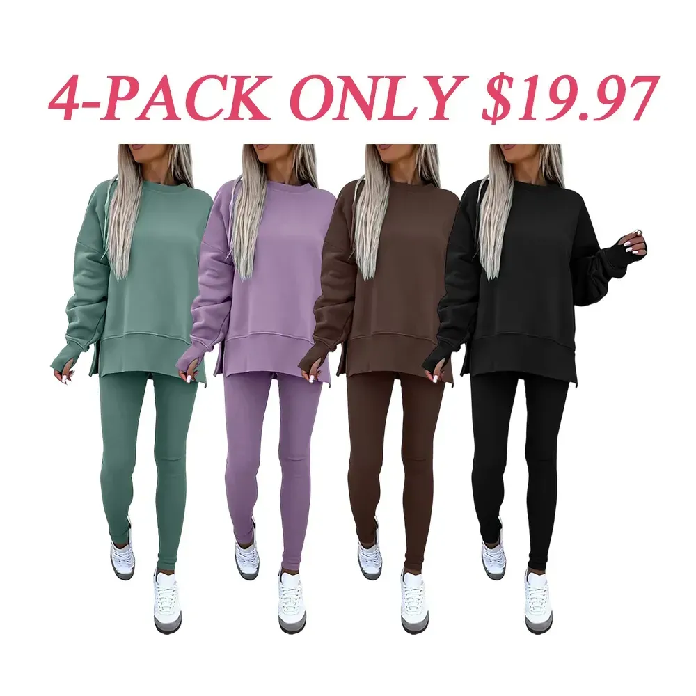 🔥6 PACKS $24🔥-Women's Drop-Shoulder Split Hem Sweatsuit Set