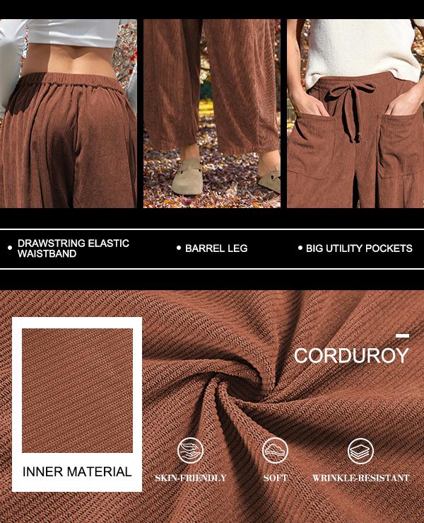 TARSE Women&rsquo;s Corduroy Wide Leg Pants Baggy Minimalist Boho Pants Casual Elastic Waisted Palazzo Harem Pants with Pockets Trendy Barrel Trousers Halloween Womenswear Loose