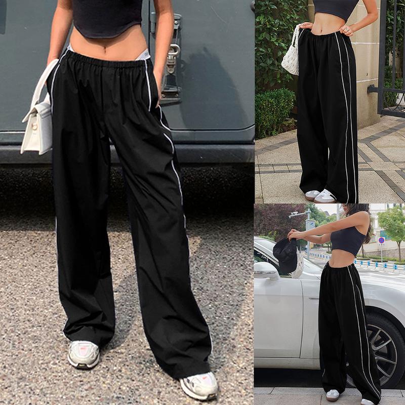 Ommig Women's Parachute Wideleg Pants Baggy Y2K Elastic Waist Wide Leg Track Pants Trousers Casual