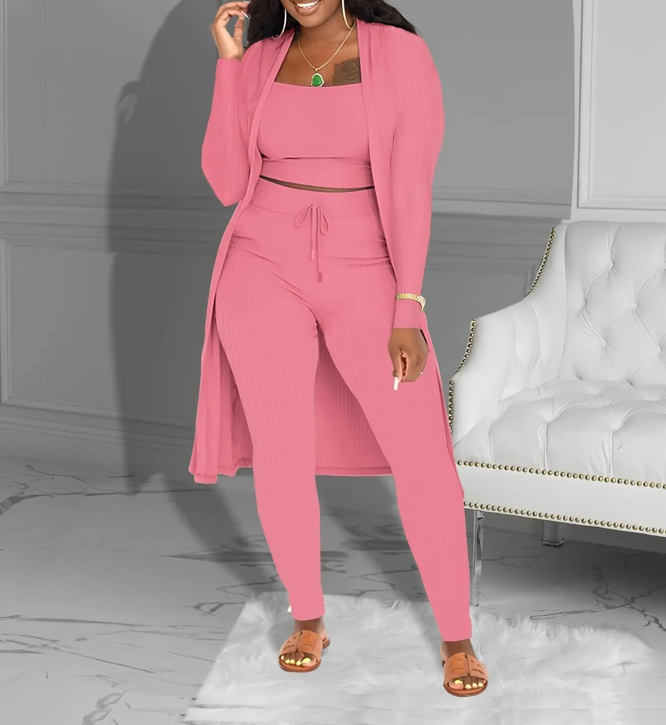 Women 3 Piece Wide Leg Pants Set Casual Long Sleeve Jacket Cardigan With Solid Tank Pants Set Dinner Suit Women