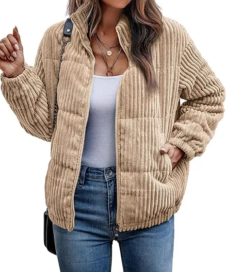 Women's Bomber Jacket Corduroy Ribbed Quilted Zip Up Long Sleeve Winter Coat Fall Outerwear Tops with Pockets ,PACKAGE SET