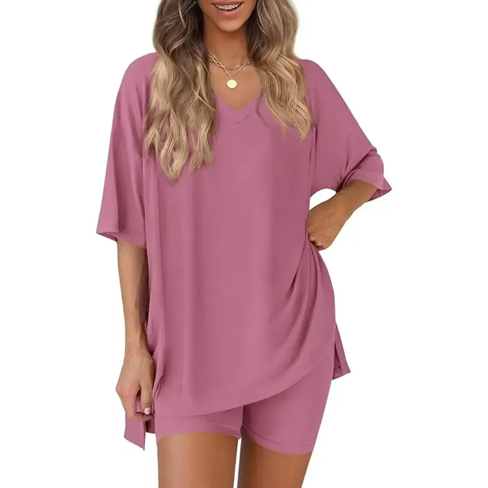 V Neck 2 Piece Sets for Women Summer Lounge Short Set Spring Matching Biker Shorts Oversized Shirt Clothing