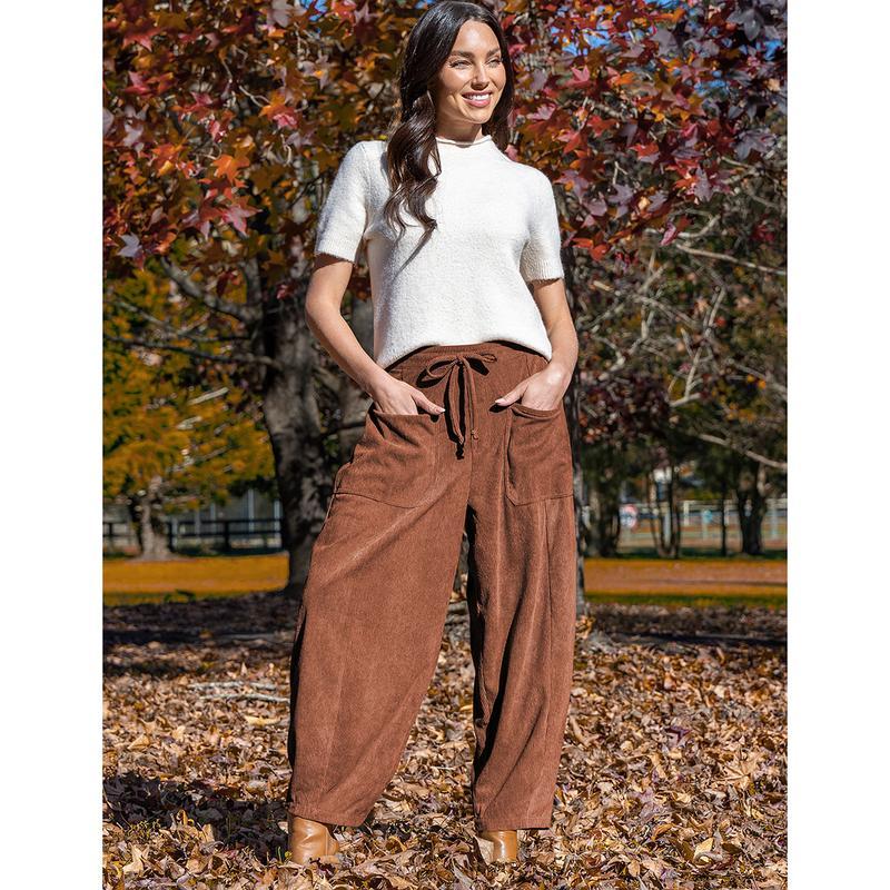 TARSE Women’s Corduroy Wide Leg Pants Baggy Minimalist Boho Pants Casual Elastic Waisted Palazzo Harem Pants with Pockets Trendy Barrel Trousers Halloween Womenswear Loose