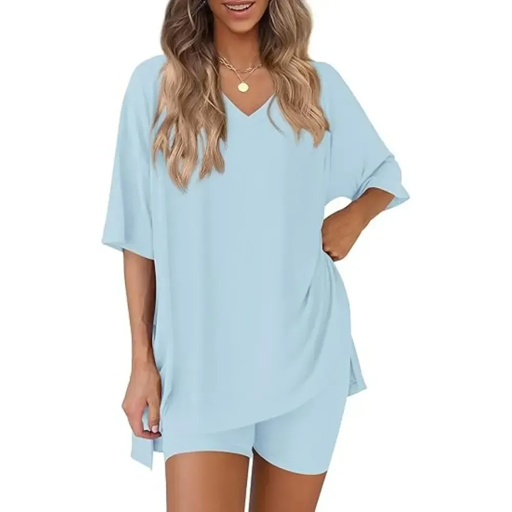 V Neck 2 Piece Sets for Women Summer Lounge Short Set Spring Matching Biker Shorts Oversized Shirt Clothing