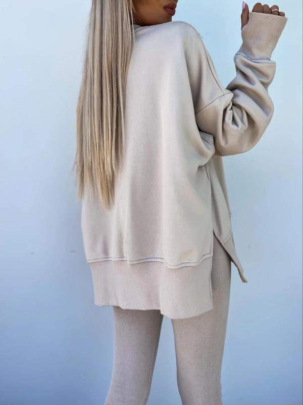 Women's Solid Drop Shoulder Split Hem Sweatshirt & Pants Two-piece Set, Casual Fashion Cozy Breathable Outfits for Daily Outdoor Wear, Ladies Sportswear for All Seasons