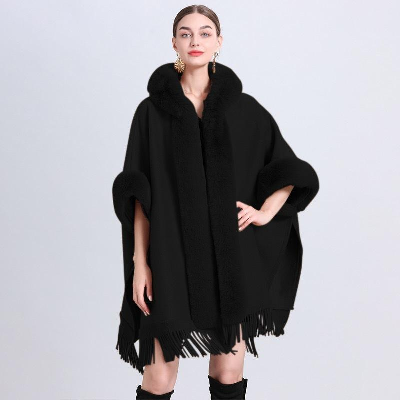 Women's Poncho With a Hoodie and Fringes