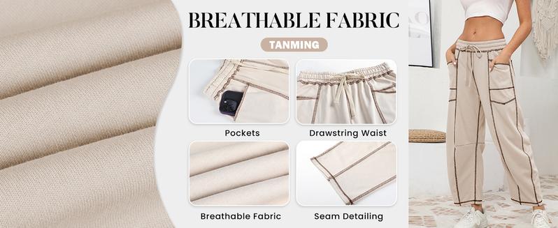 Tanming Women's High Waisted Barrel Sweatpants Baggy Wide Leg Drawstring Joggers with Pockets and Seam Stitch Details | Regular Lined for Fall & Spring, Cozy Fleece Lined for Winter