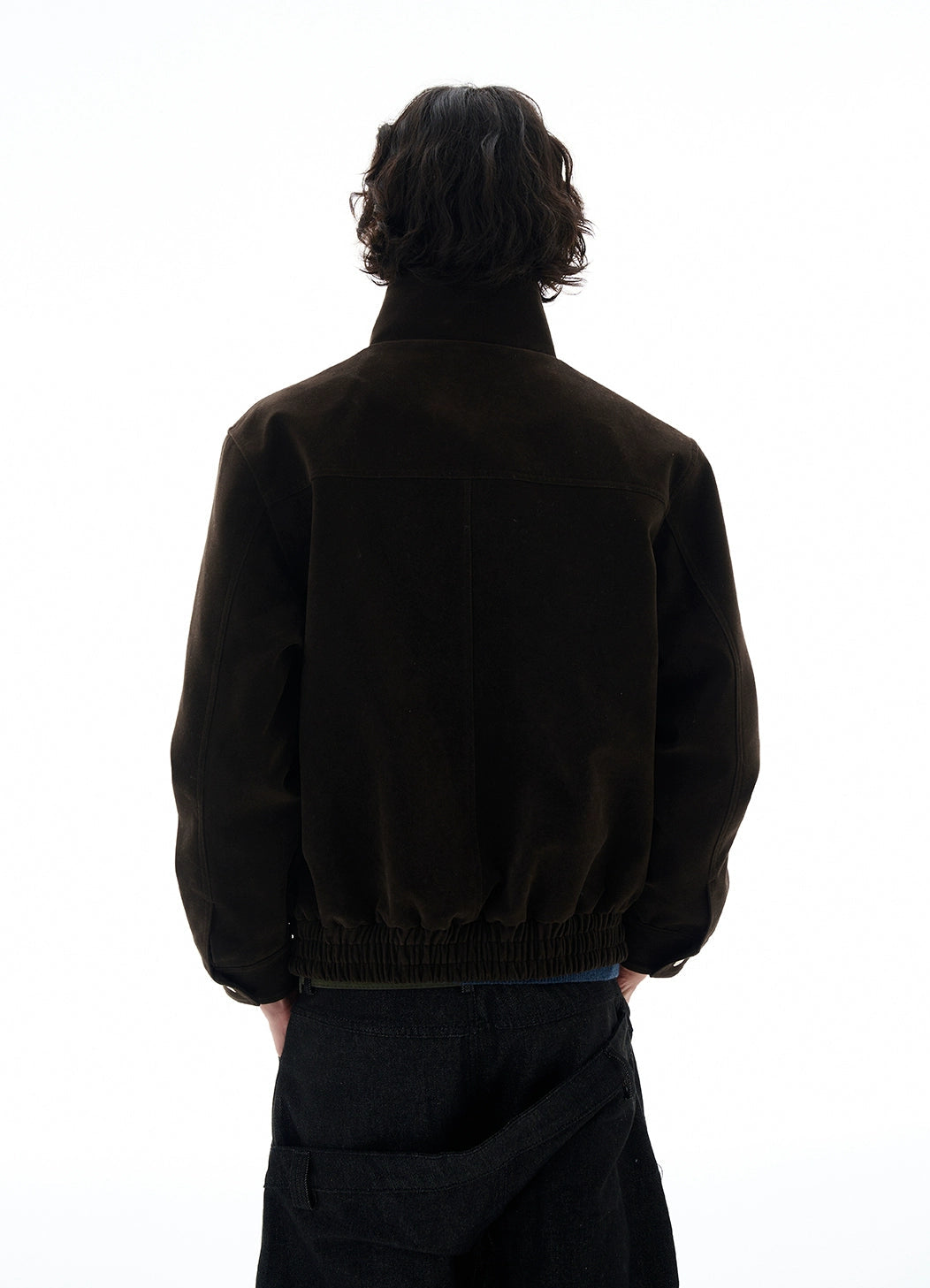 High-Collar Suede Button Jacket with Belted Hem