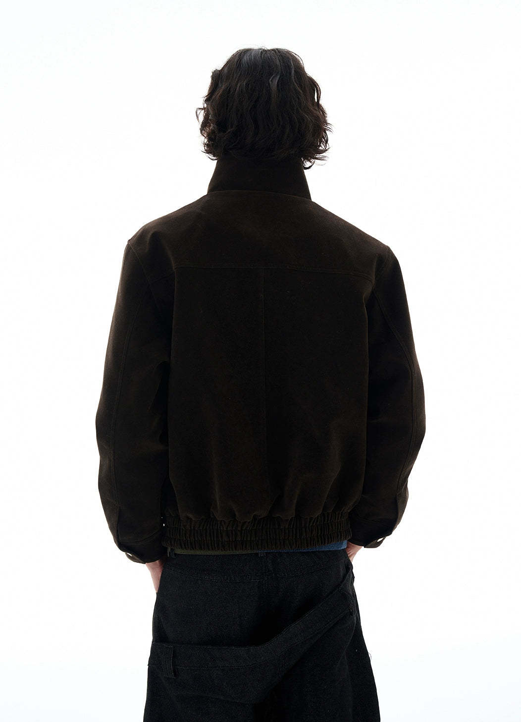 High-Collar Suede Button Jacket with Belted Hem