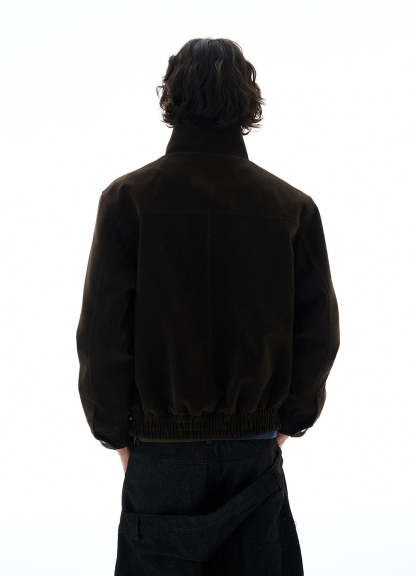 High-Collar Suede Button Jacket with Belted Hem