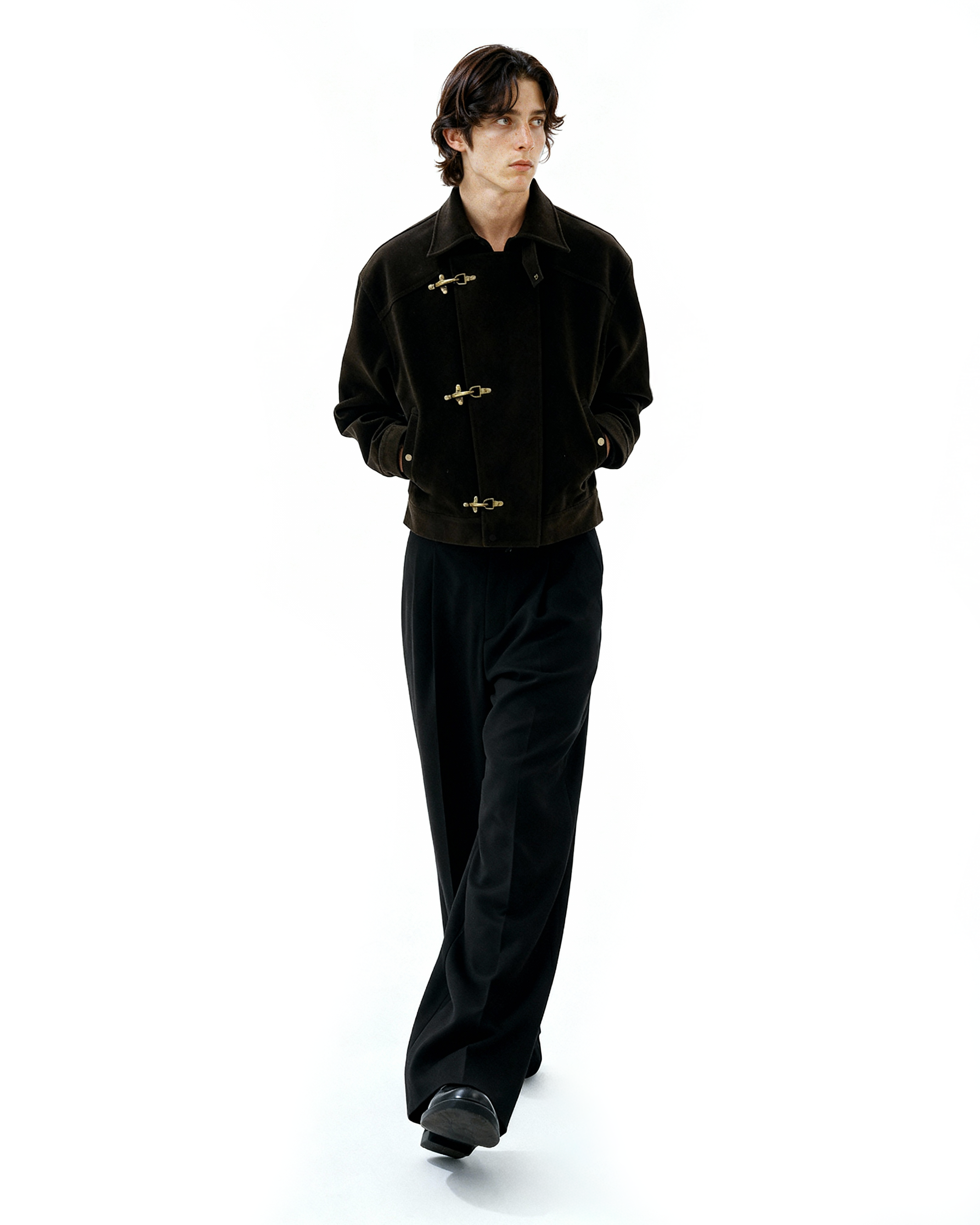 Asymmetric Fireman Buckle Mid Crop Suede Jacket