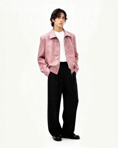 Fireman Clasp-Buckle Faux Leather Collared Jacket