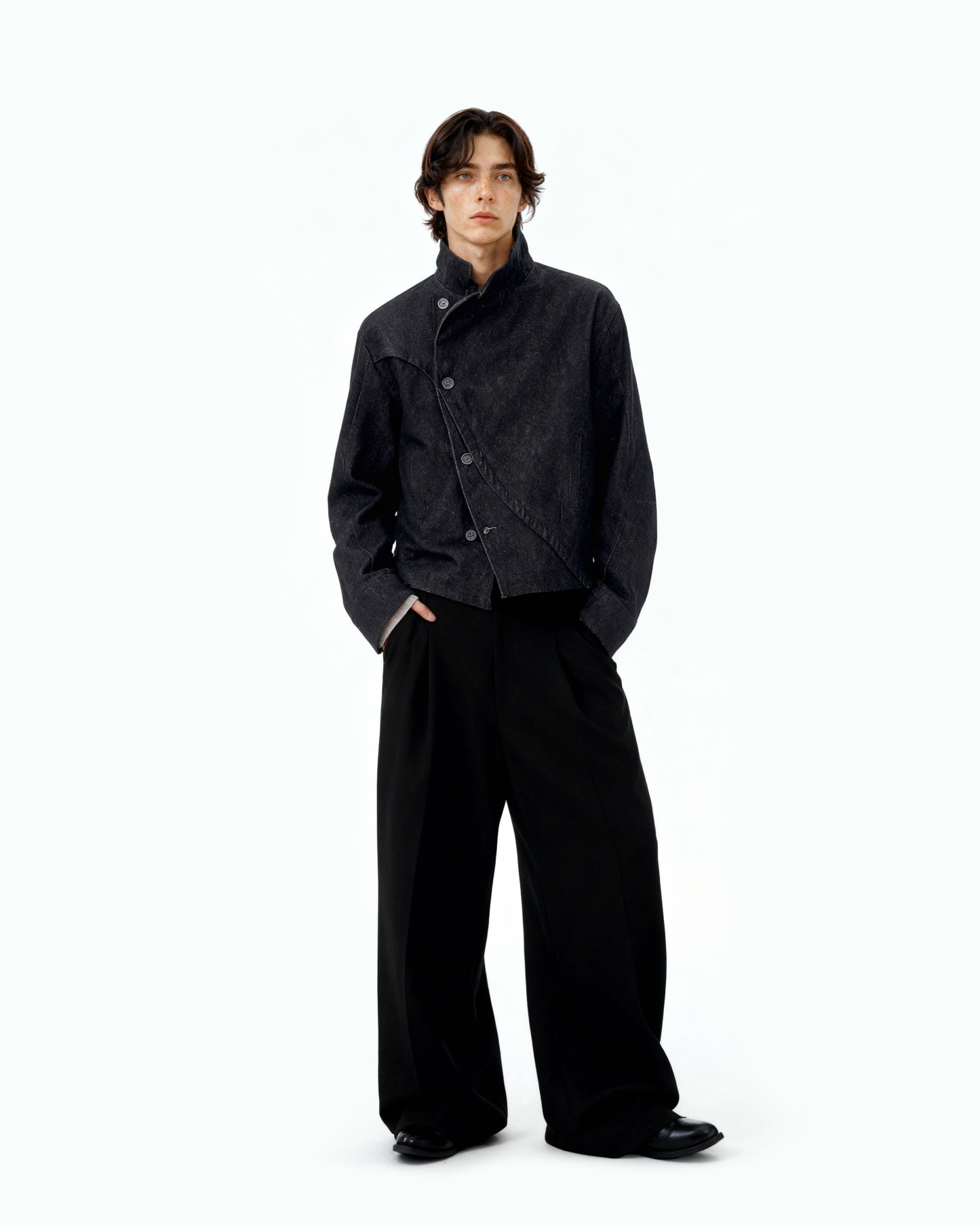 Overlap Asymmetric Button Stand Collar Denim Jacket