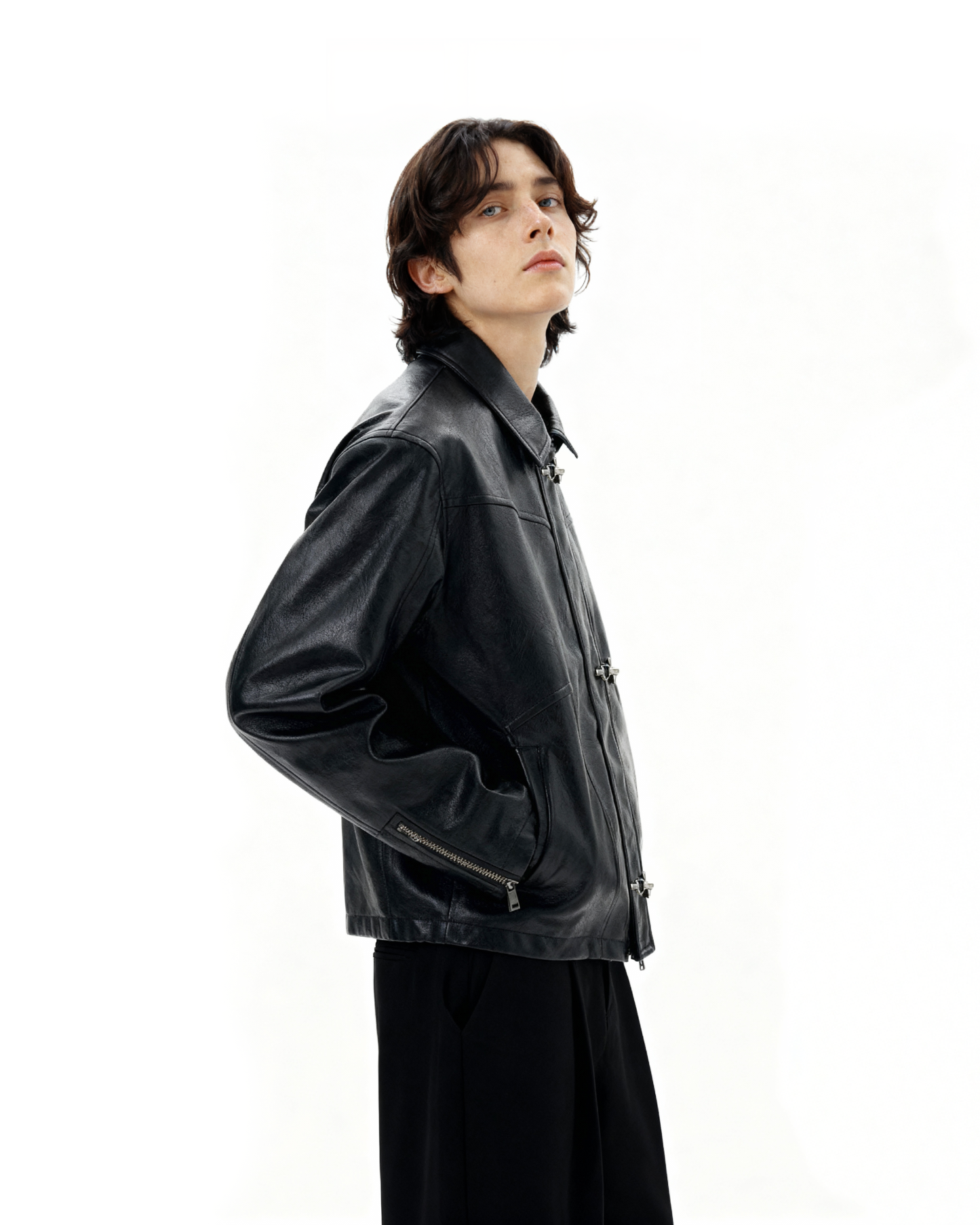 Fireman Buckle Mid-Crop Faux Leather Jacket