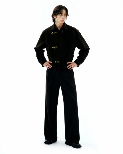 Asymmetric Fireman Buckle Mid Crop Suede Jacket