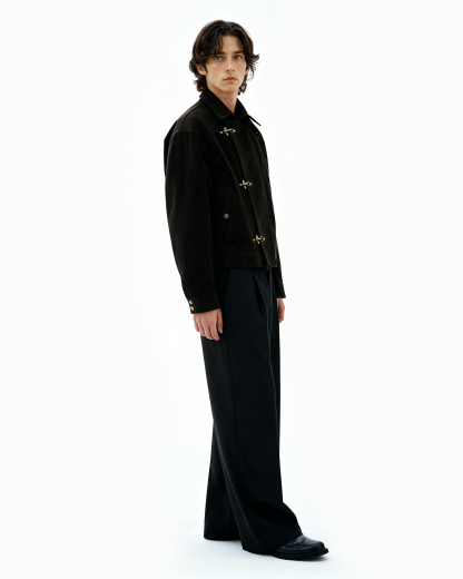 Asymmetric Fireman Buckle Mid Crop Suede Jacket