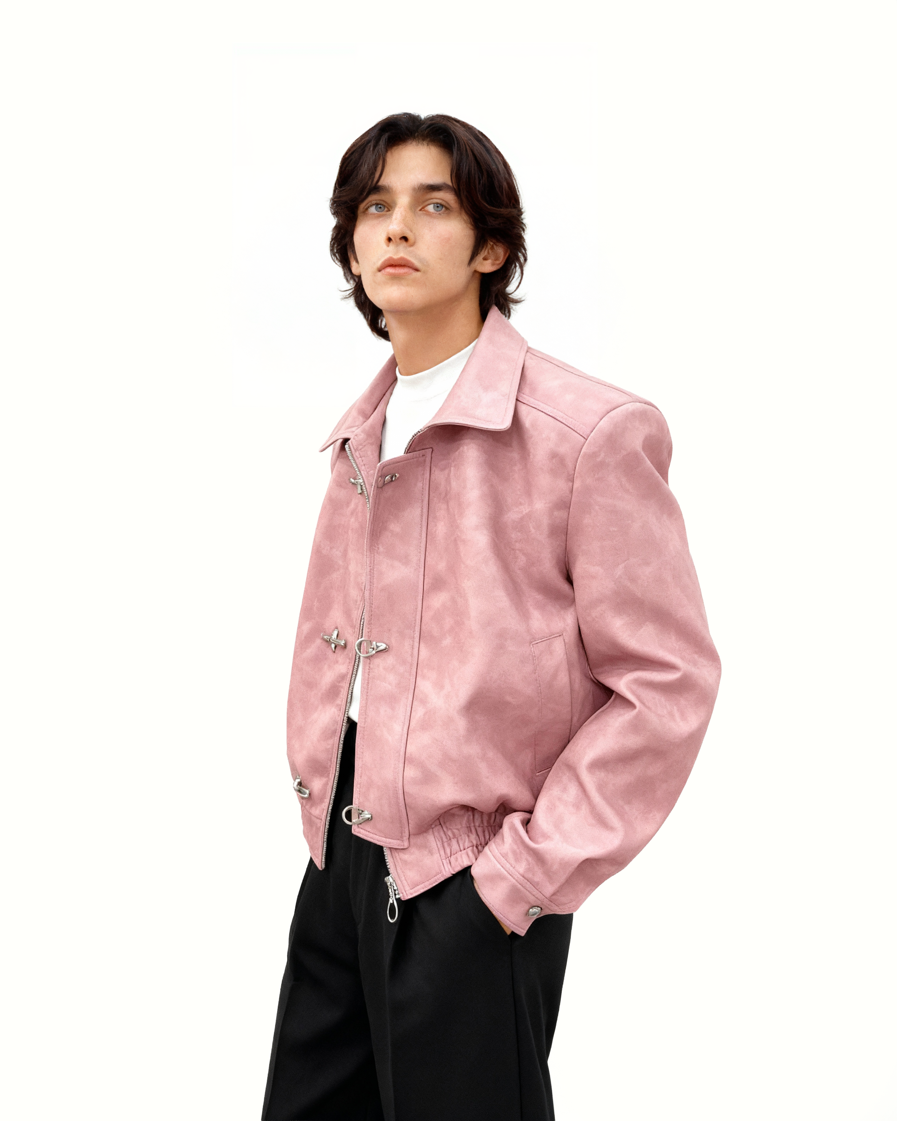 Fireman Clasp-Buckle Faux Leather Collared Jacket