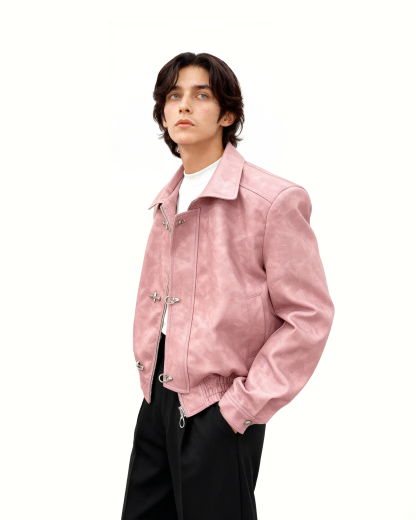 Fireman Clasp-Buckle Faux Leather Collared Jacket