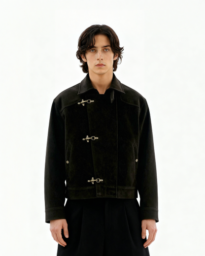 Asymmetric Fireman Buckle Mid Crop Suede Jacket