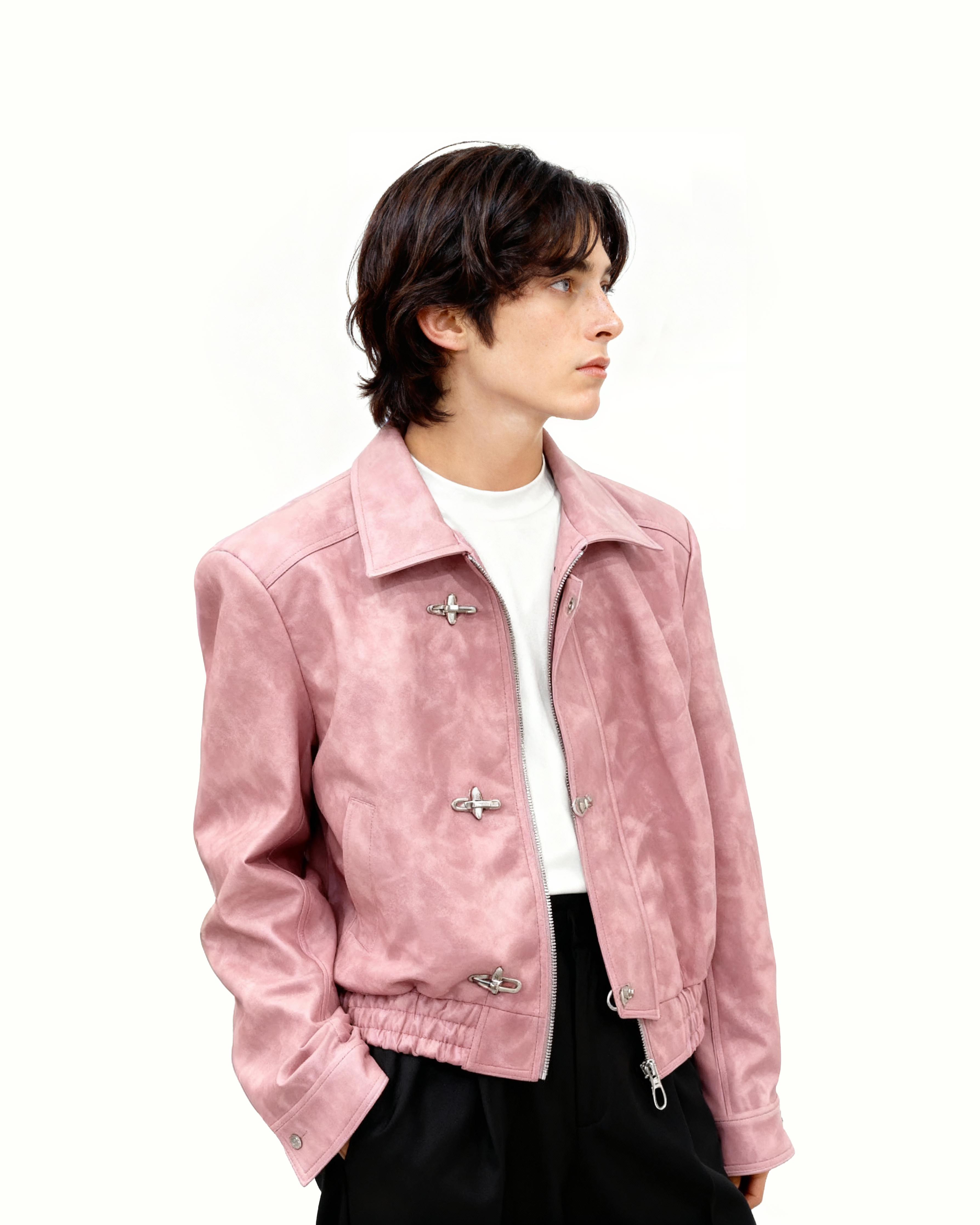 Fireman Clasp-Buckle Faux Leather Collared Jacket