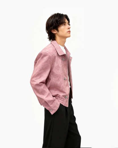 Fireman Clasp-Buckle Faux Leather Collared Jacket