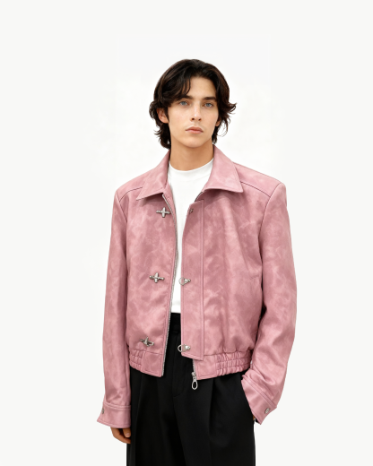 Fireman Clasp-Buckle Faux Leather Collared Jacket