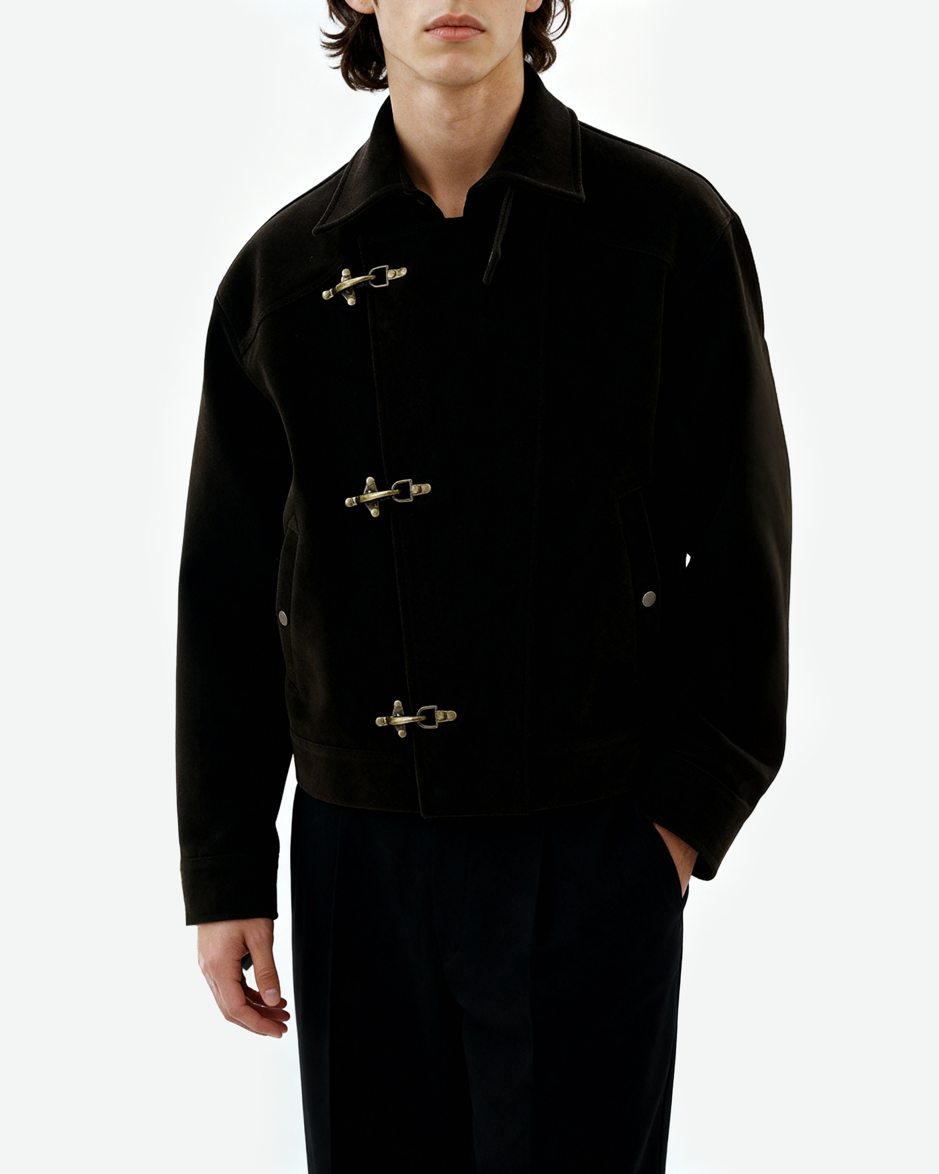 Asymmetric Fireman Buckle Mid Crop Suede Jacket