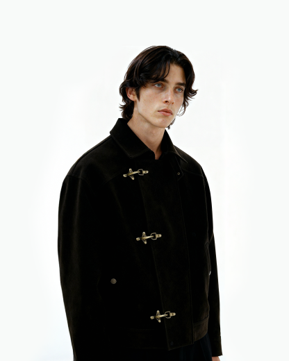 Asymmetric Fireman Buckle Mid Crop Suede Jacket