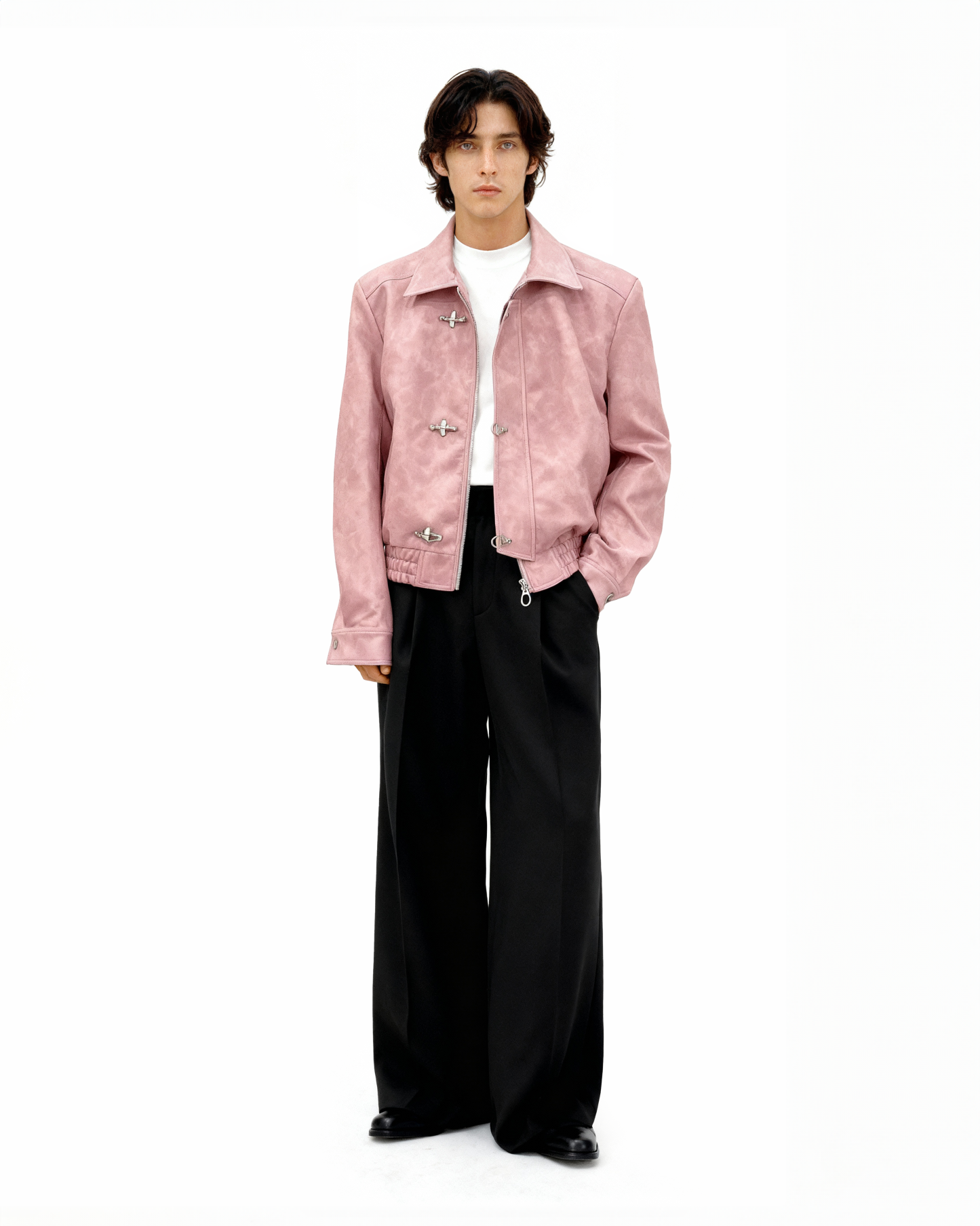 Fireman Clasp-Buckle Faux Leather Collared Jacket