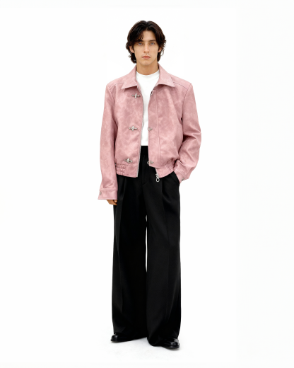 Fireman Clasp-Buckle Faux Leather Collared Jacket