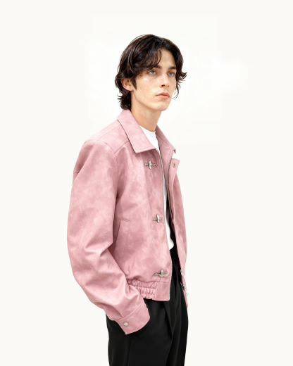 Fireman Clasp-Buckle Faux Leather Collared Jacket