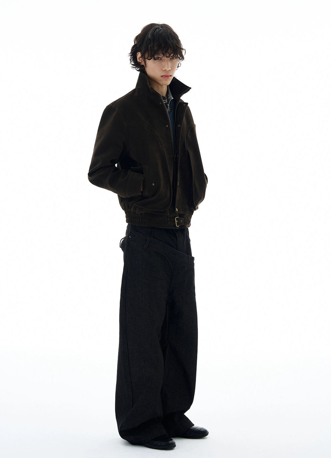 High-Collar Suede Button Jacket with Belted Hem