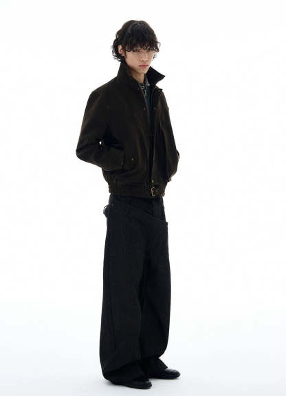 High-Collar Suede Button Jacket with Belted Hem