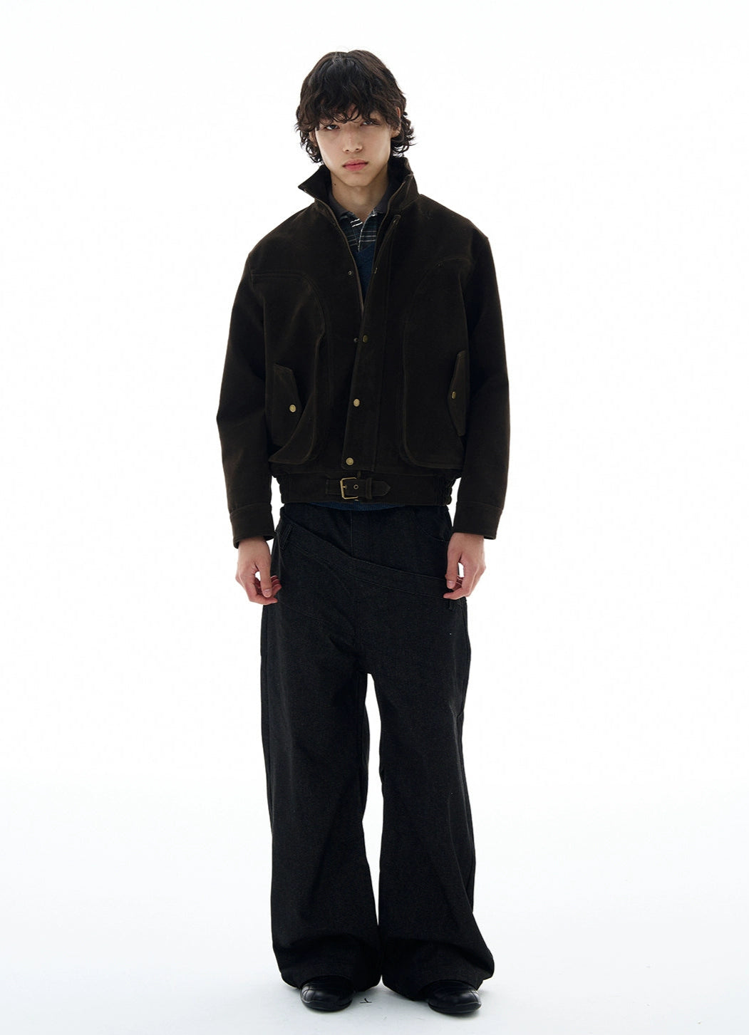 High-Collar Suede Button Jacket with Belted Hem