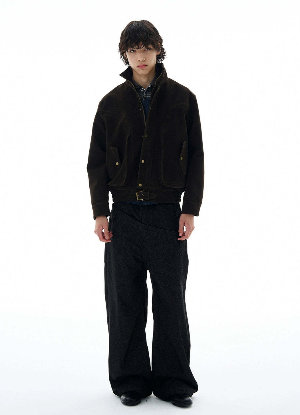 High-Collar Suede Button Jacket with Belted Hem