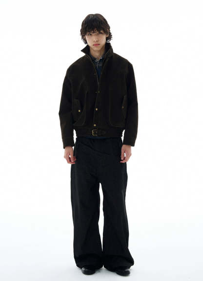 High-Collar Suede Button Jacket with Belted Hem