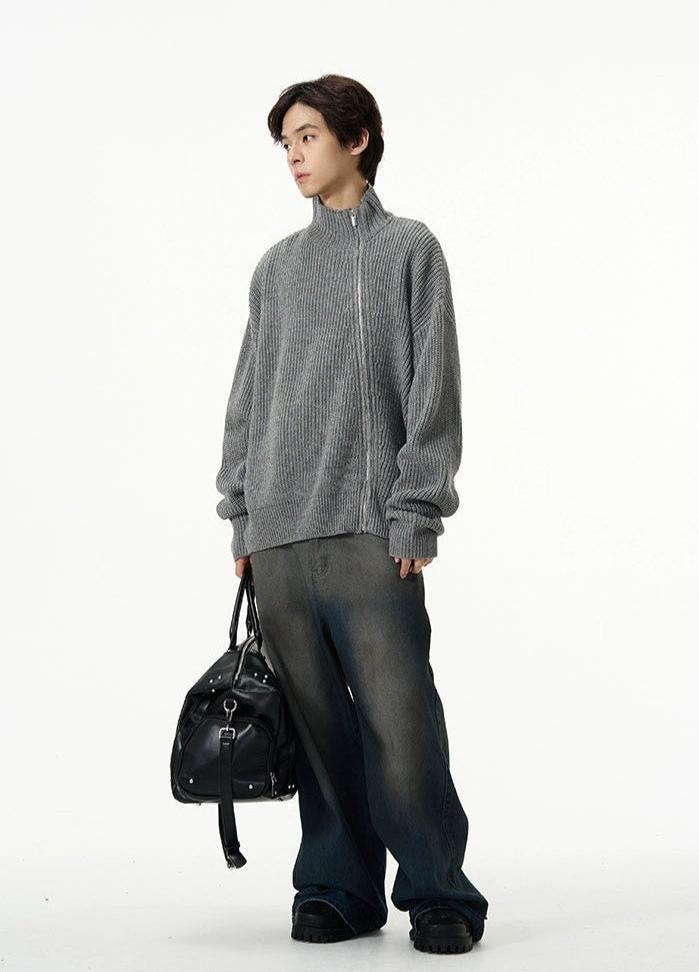 Ribbed Mock Neck Asymmetric Zip Jacket