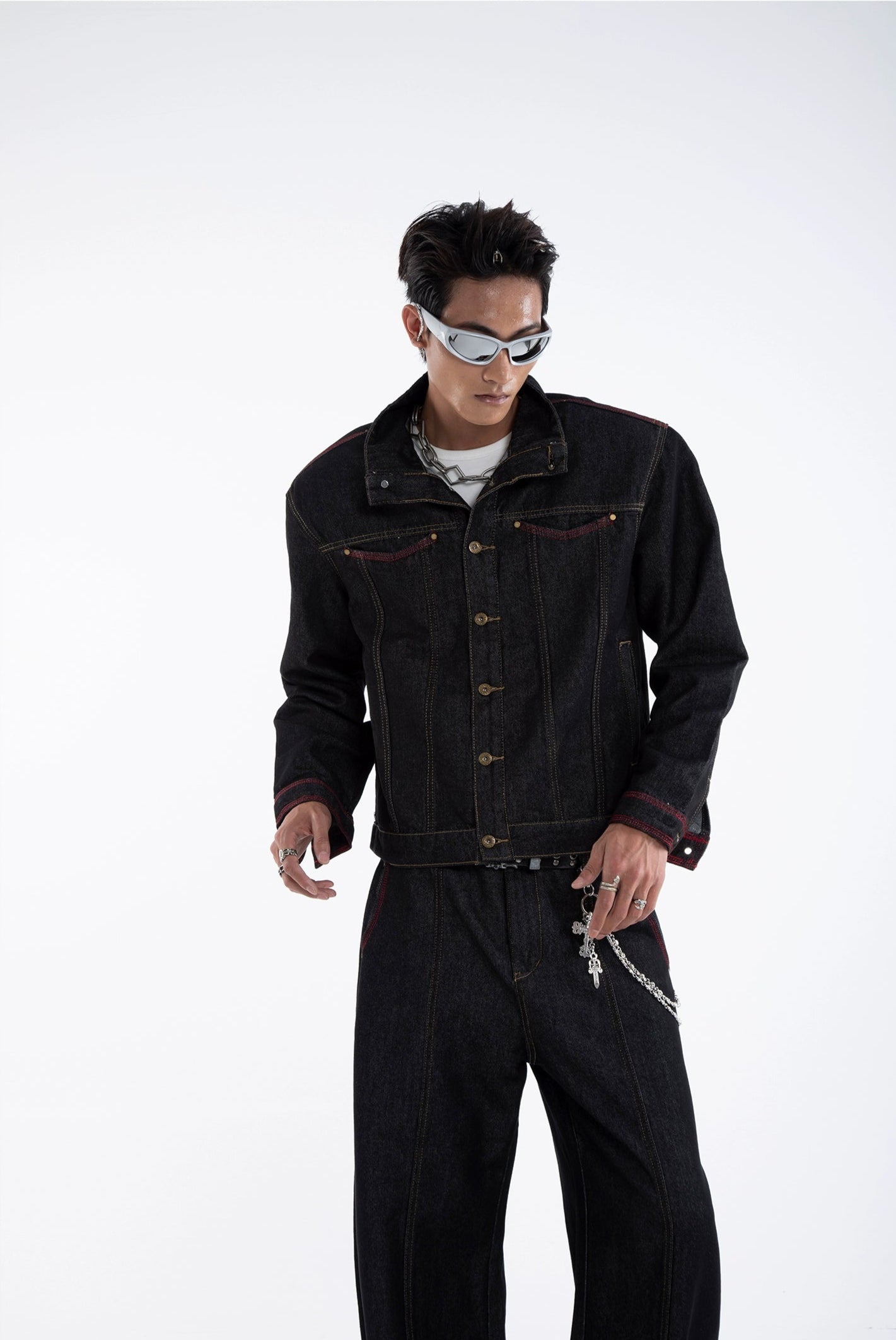 Dark Wash Contrast Stitch Mid Crop Denim Jacket and Wide Leg Jeans Two-Piece Set