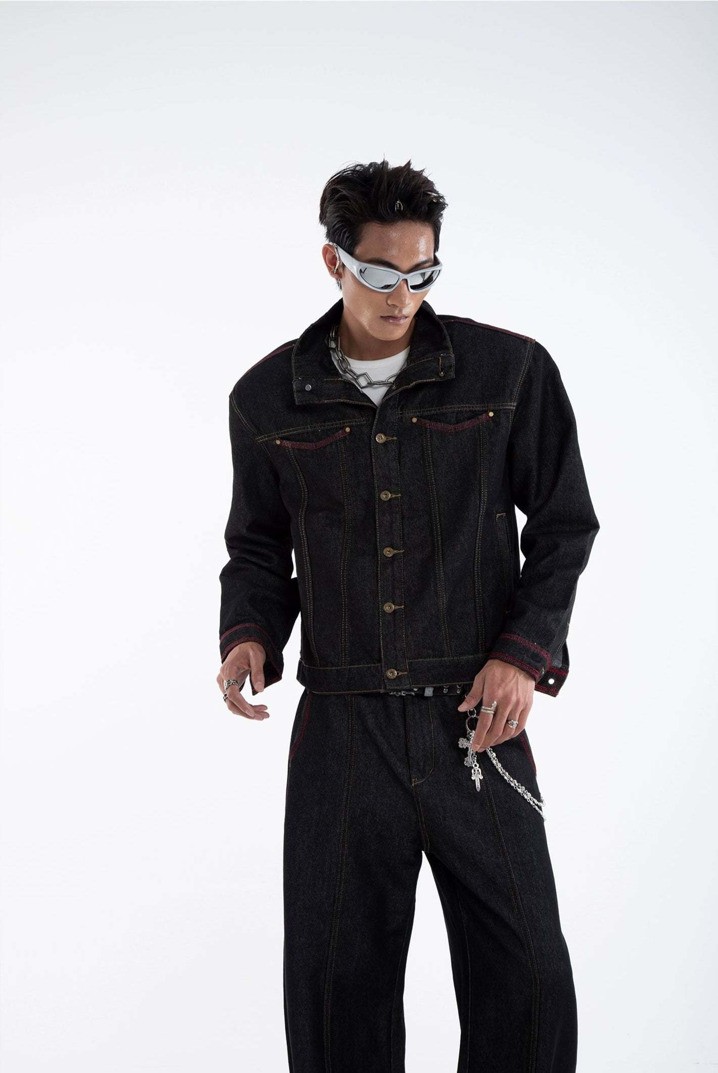 Dark Wash Contrast Stitch Mid Crop Denim Jacket and Wide Leg Jeans Two-Piece Set