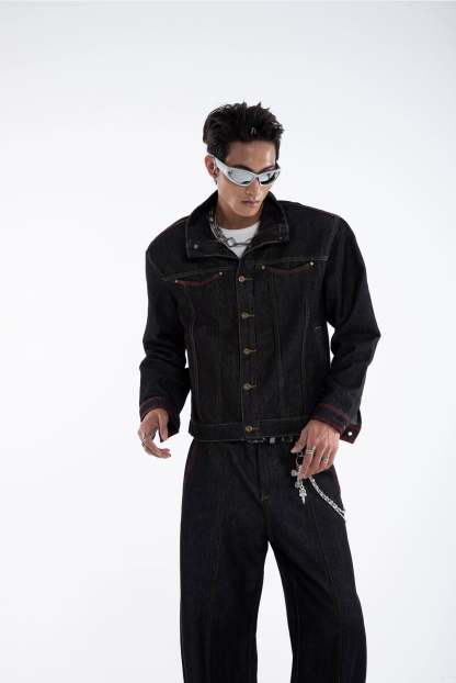 Dark Wash Contrast Stitch Mid Crop Denim Jacket and Wide Leg Jeans Two-Piece Set