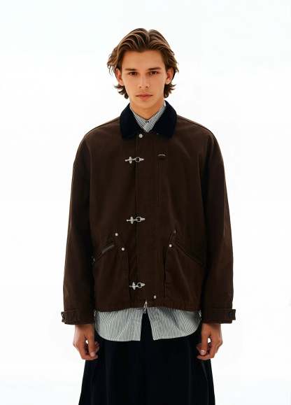 Fireman Buckle Worker Zip Jacket with Contrast Collar