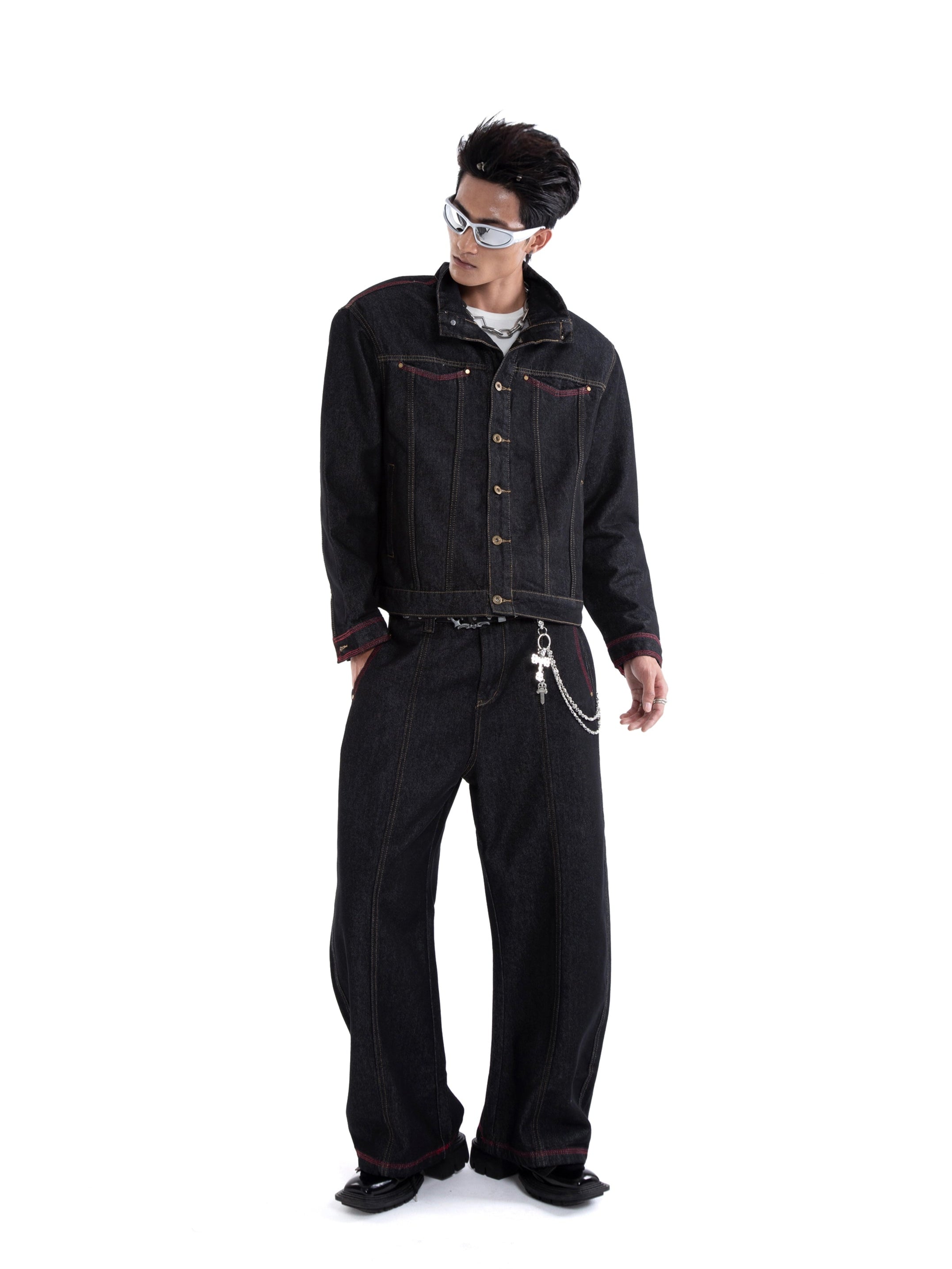 Dark Wash Contrast Stitch Mid Crop Denim Jacket and Wide Leg Jeans Two-Piece Set