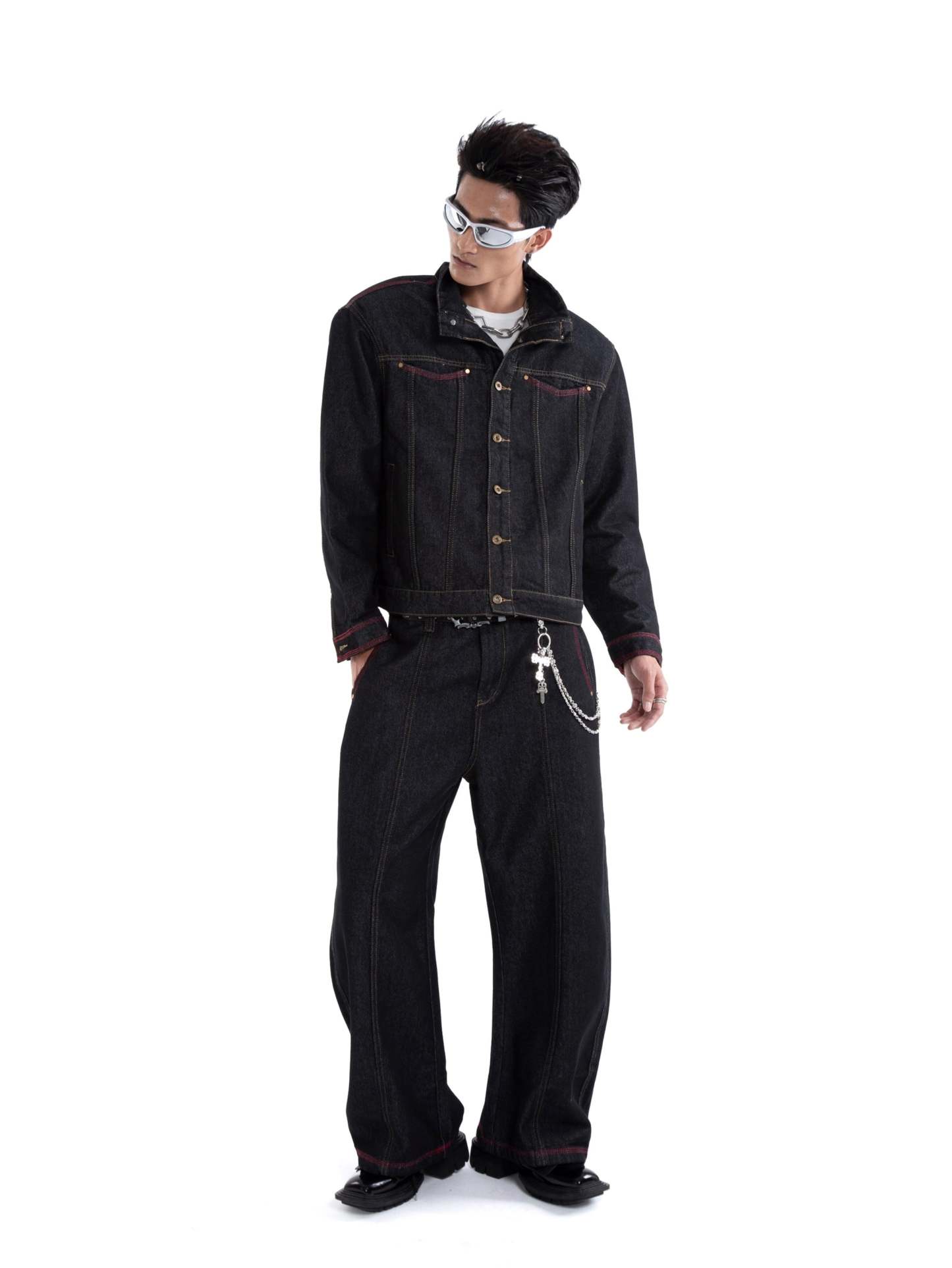 Dark Wash Contrast Stitch Mid Crop Denim Jacket and Wide Leg Jeans Two-Piece Set