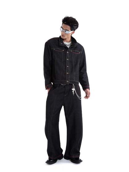 Dark Wash Contrast Stitch Mid Crop Denim Jacket and Wide Leg Jeans Two-Piece Set