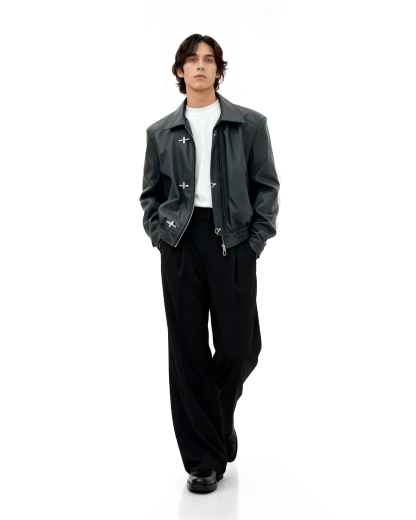 Fireman Clasp-Buckle Faux Leather Collared Jacket